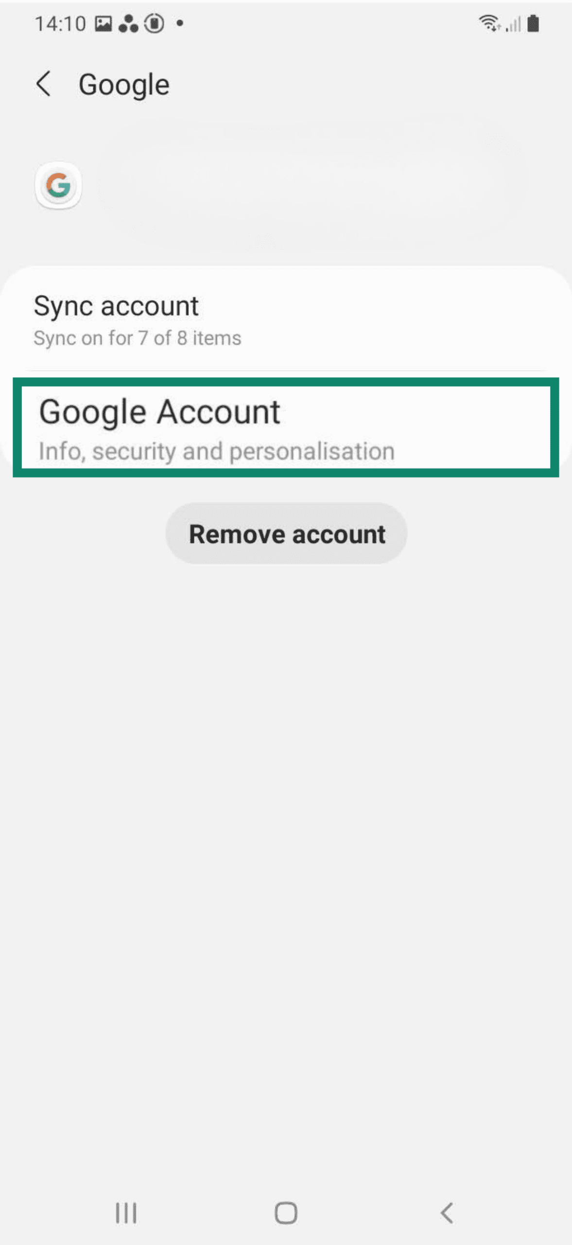 La opción Cuenta de Google en un dispositivo Android.