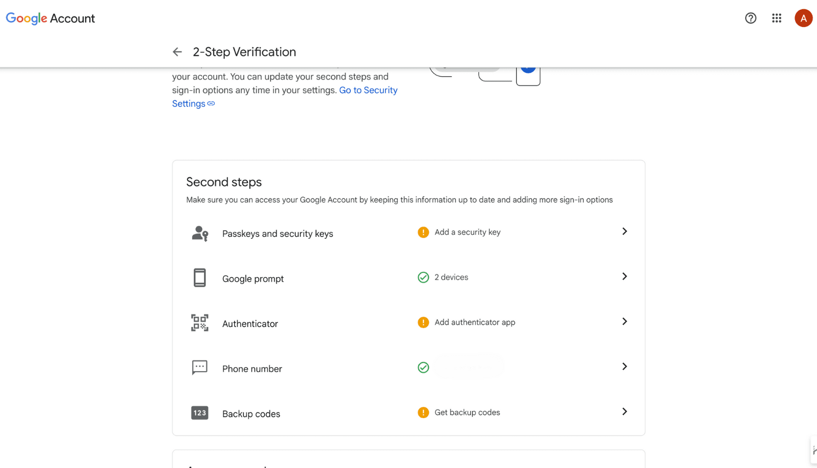 Vista detallada de la configuración de la verificación en dos pasos que muestra los métodos disponibles para el segundo paso.