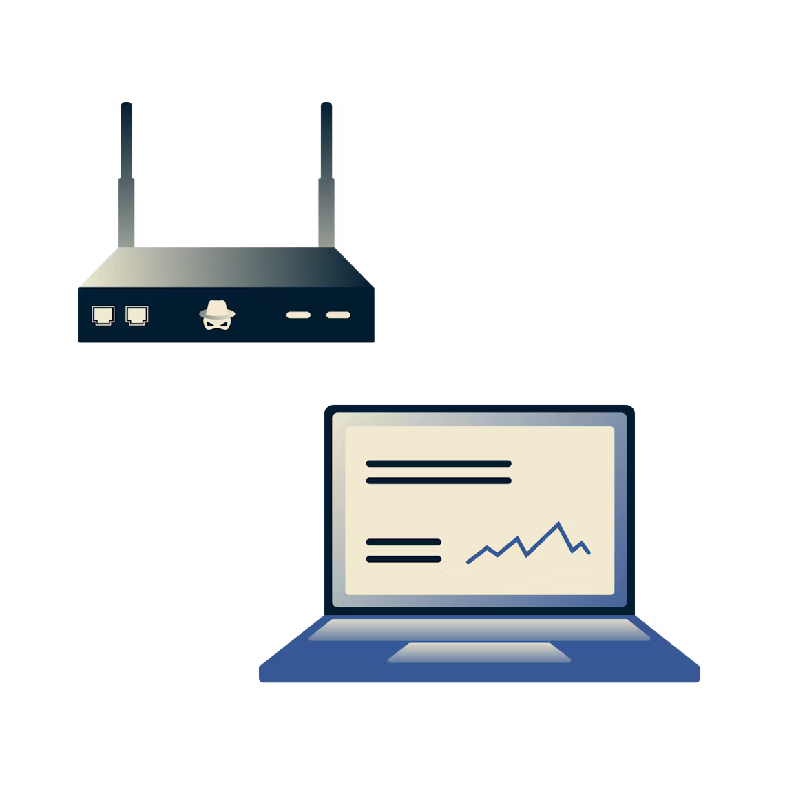 どくろマークのついたルーターがWi-Fiでノートパソコンのデータを盗む。